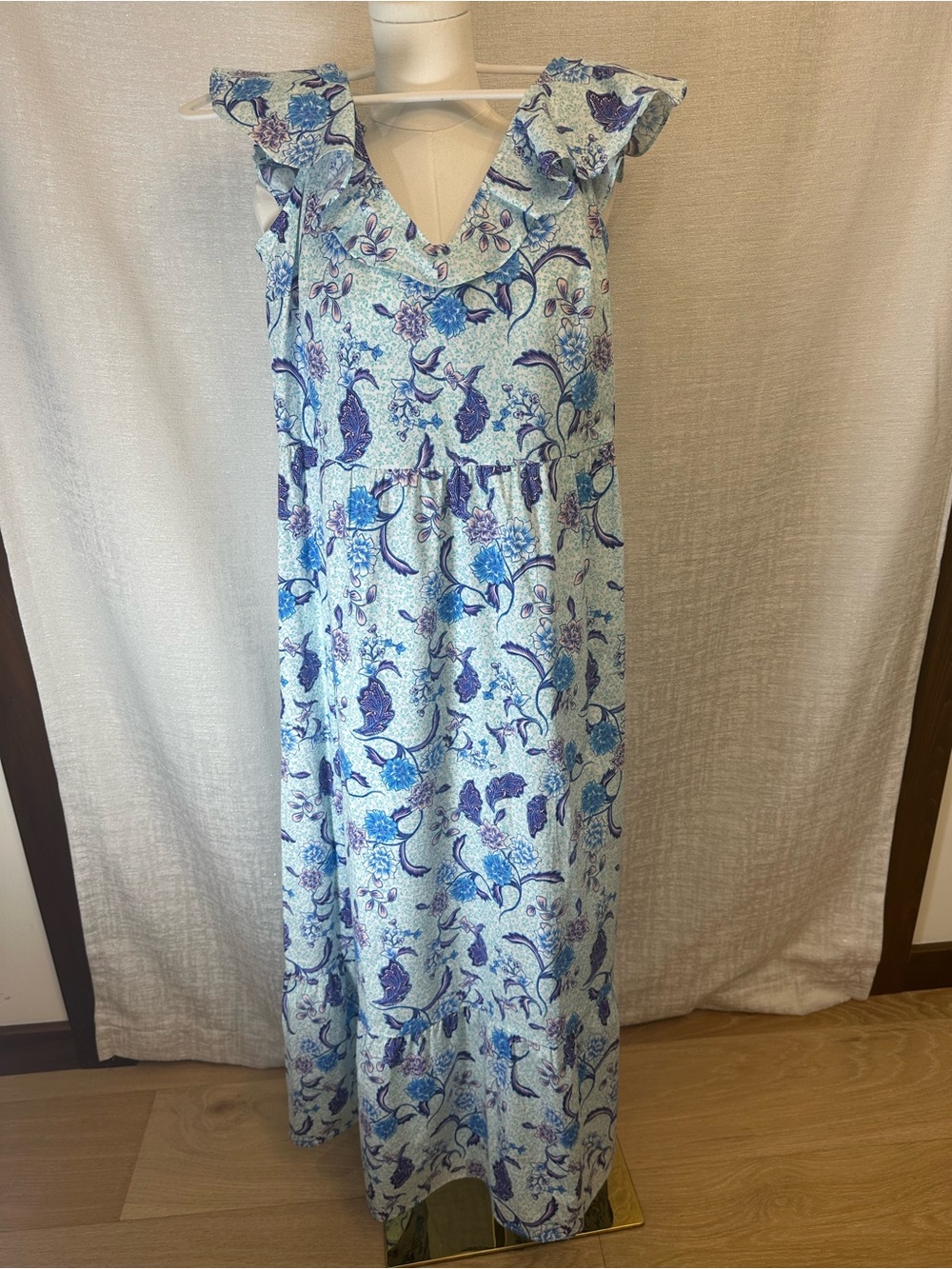 NWT Halston Boho Cottagecore Heritage Blue Floral Ruffle-Trim Maxi Dress